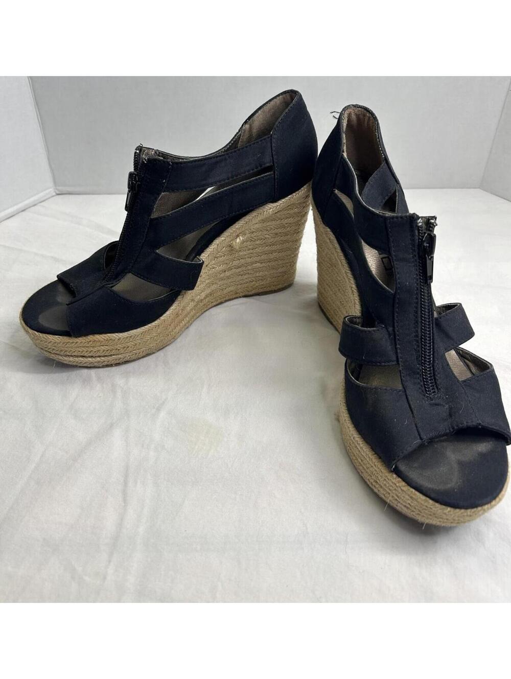 Moda Spana Black Espadrille Wedge Sandals Front Zip T Strap Size 8